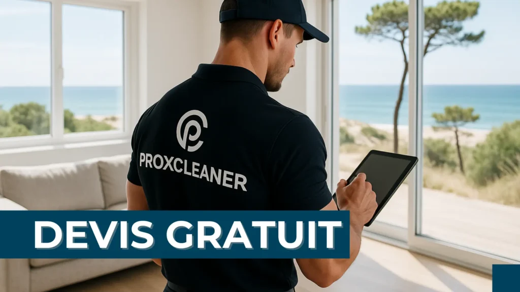 Technicien Proxicleaner de dos consultant une tablette dans un salon lumineux avec vue sur la côte landaise, illustrant la demande de devis gratuit pour les services de nettoyage à domicile.